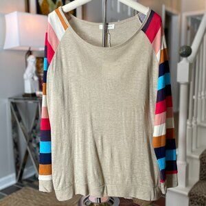 NWT Cute lightweight Umgee+ camel sweater w/colorful striped sleeves XL 1XL 2XL